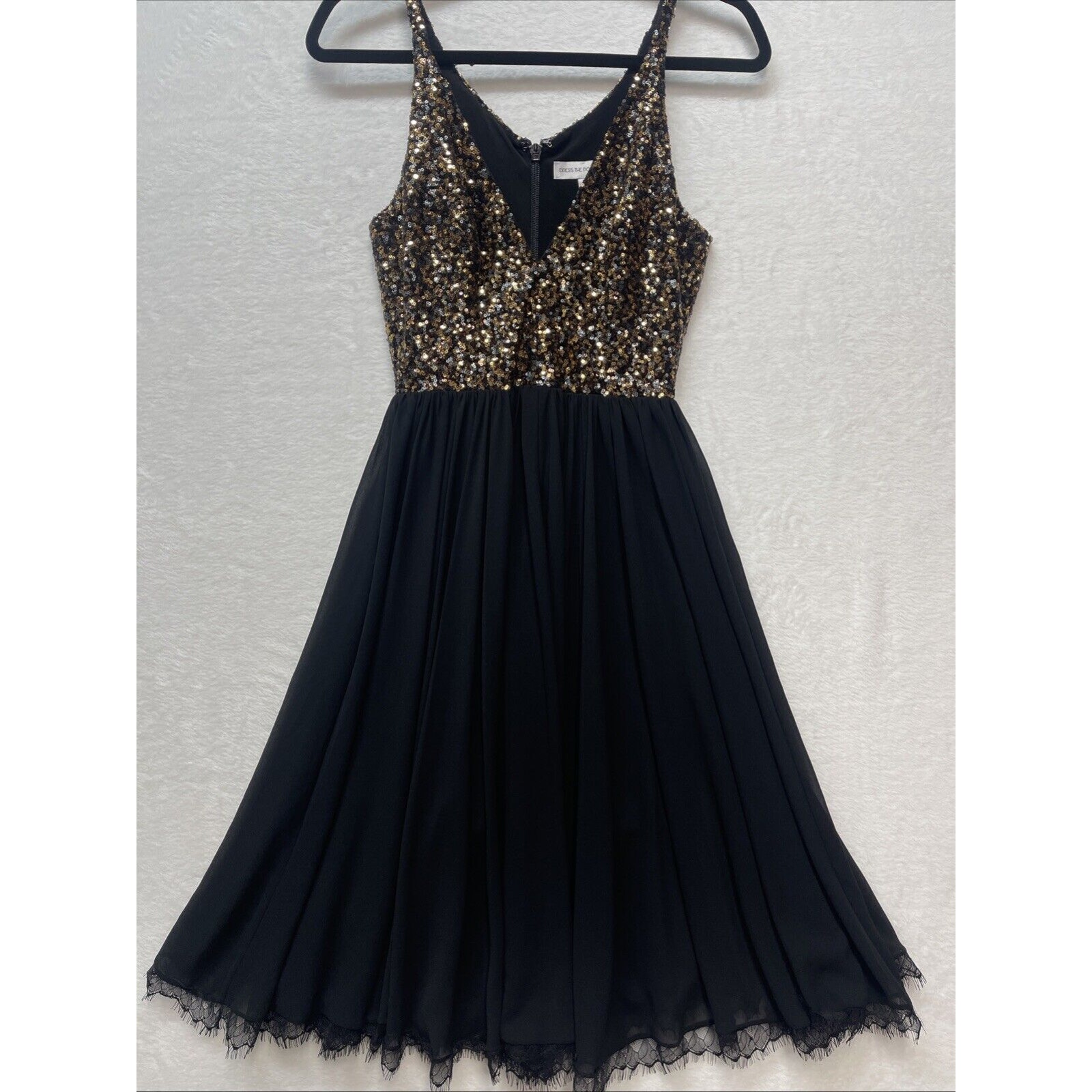 Dress The Population Gold Black Sequin Midi Dress Ballet Flowy Deep V Neck Xs